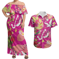 Hawaiian and Japanese Culture Together Couples Matching Off Shoulder Maxi Dress and Hawaiian Shirt Kakau Tribal Pattern and Irezumi Art Pink Color LT03 Pink - Polynesian Pride