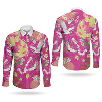 Hawaiian and Japanese Culture Together Couples Matching Off Shoulder Maxi Dress and Long Sleeve Button Shirt Kakau Tribal Pattern and Irezumi Art Pink Color LT03 - Polynesian Pride