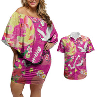 Hawaiian and Japanese Culture Together Couples Matching Off Shoulder Short Dress and Hawaiian Shirt Kakau Tribal Pattern and Irezumi Art Pink Color LT03 Pink - Polynesian Pride