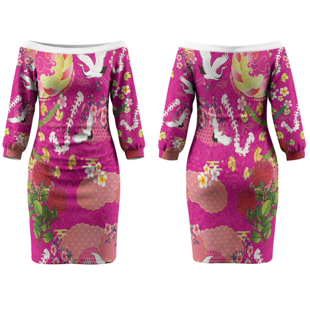 Hawaiian and Japanese Culture Together Couples Matching Off The Shoulder Long Sleeve Dress and Hawaiian Shirt Kakau Tribal Pattern and Irezumi Art Pink Color LT03 - Polynesian Pride