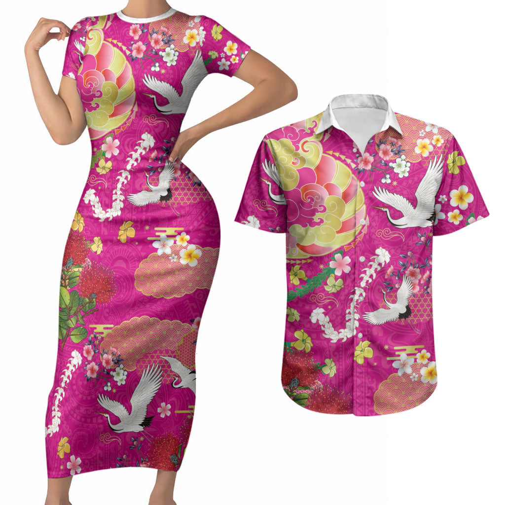 Hawaiian and Japanese Culture Together Couples Matching Short Sleeve Bodycon Dress and Hawaiian Shirt Kakau Tribal Pattern and Irezumi Art Pink Color LT03 Pink - Polynesian Pride