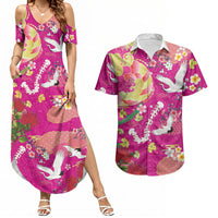 Hawaiian and Japanese Culture Together Couples Matching Summer Maxi Dress and Hawaiian Shirt Kakau Tribal Pattern and Irezumi Art Pink Color