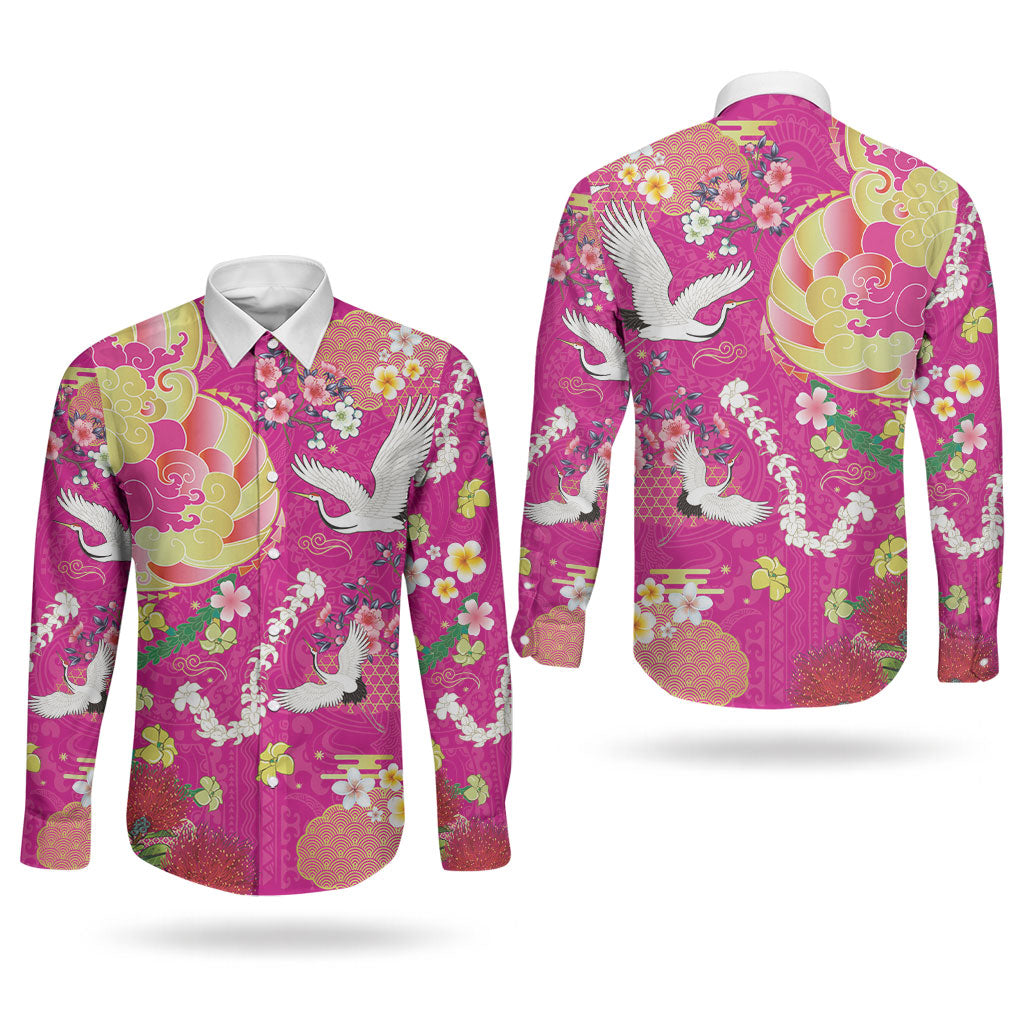 Hawaiian and Japanese Culture Together Couples Matching Tank Maxi Dress and Long Sleeve Button Shirt Kakau Tribal Pattern and Irezumi Art Pink Color LT03 - Polynesian Pride