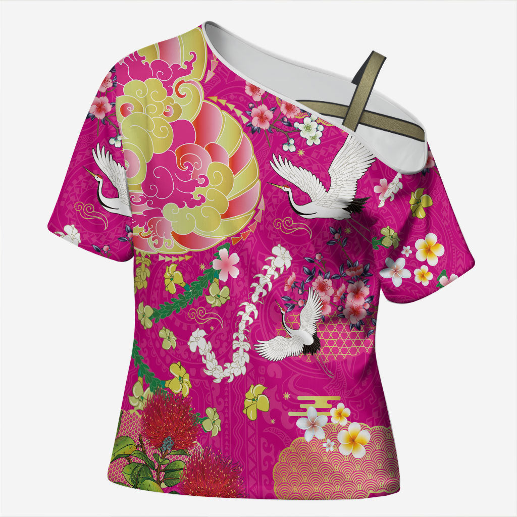 Hawaiian and Japanese Culture Together Cross Shoulder Shirt Kakau Tribal Pattern and Irezumi Art Pink Color