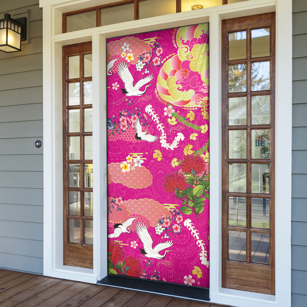 Hawaiian and Japanese Culture Together Door Cover Kakau Tribal Pattern and Irezumi Art Pink Color LT03 - Polynesian Pride