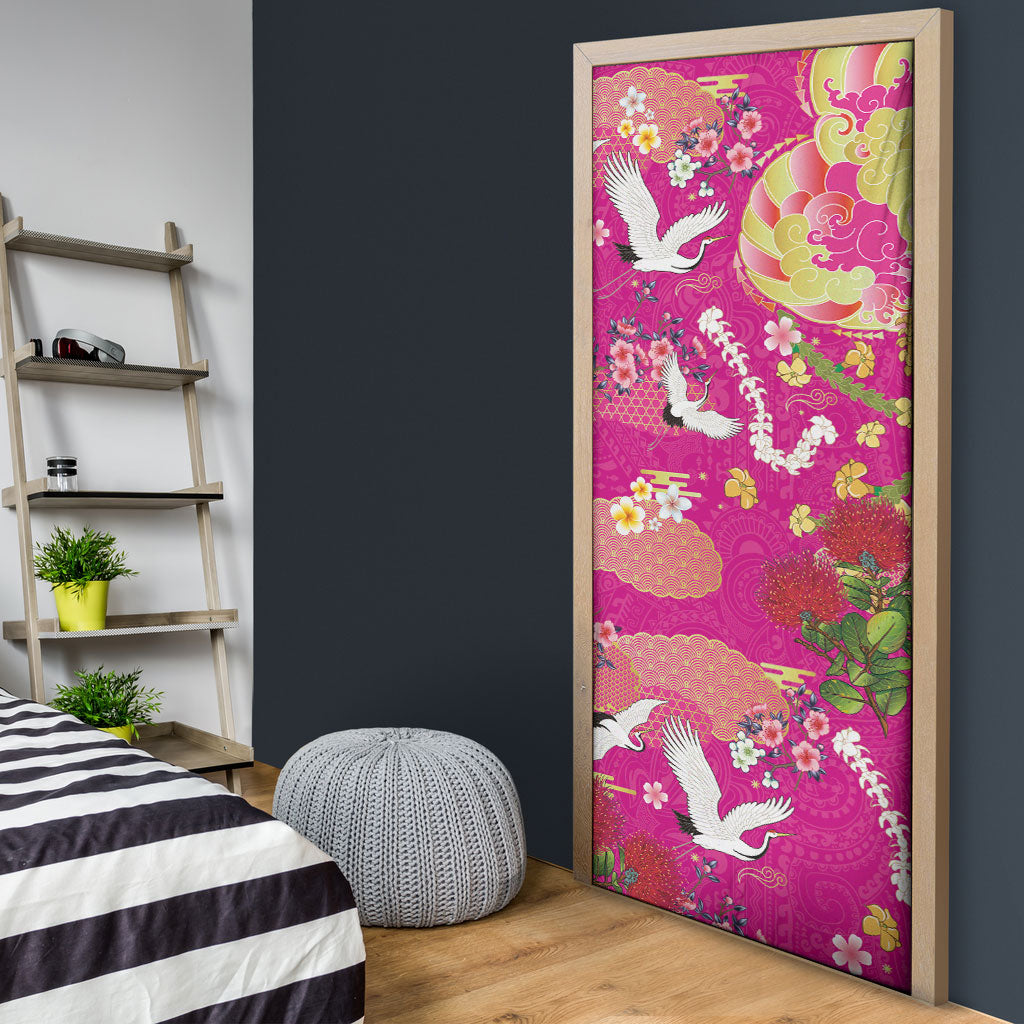 Hawaiian and Japanese Culture Together Door Cover Kakau Tribal Pattern and Irezumi Art Pink Color LT03 - Polynesian Pride