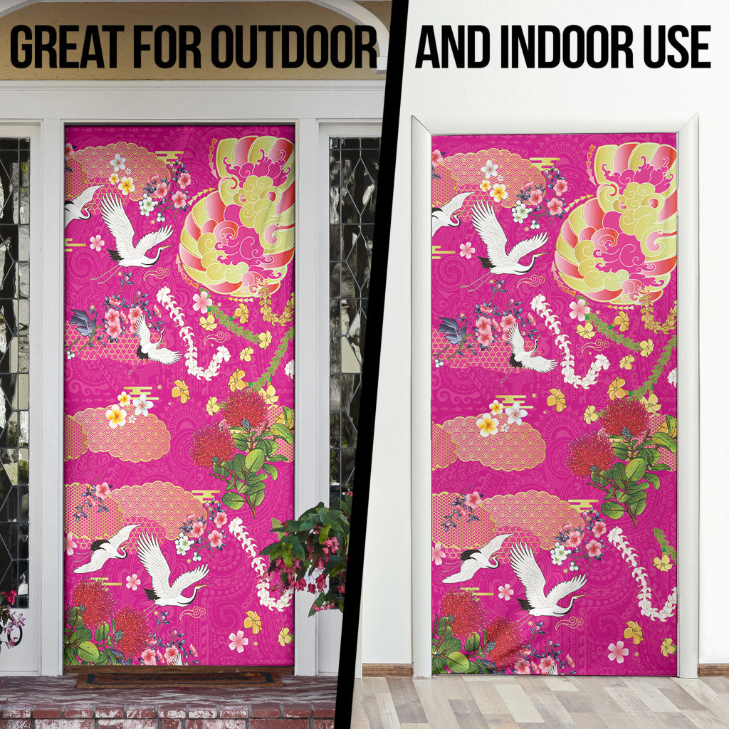 Hawaiian and Japanese Culture Together Door Cover Kakau Tribal Pattern and Irezumi Art Pink Color LT03 - Polynesian Pride