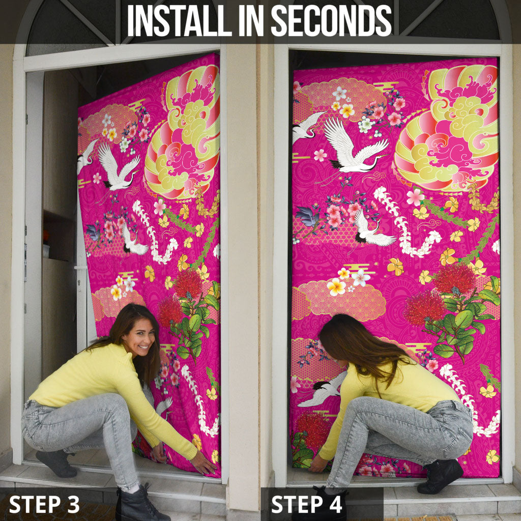 Hawaiian and Japanese Culture Together Door Cover Kakau Tribal Pattern and Irezumi Art Pink Color LT03 - Polynesian Pride