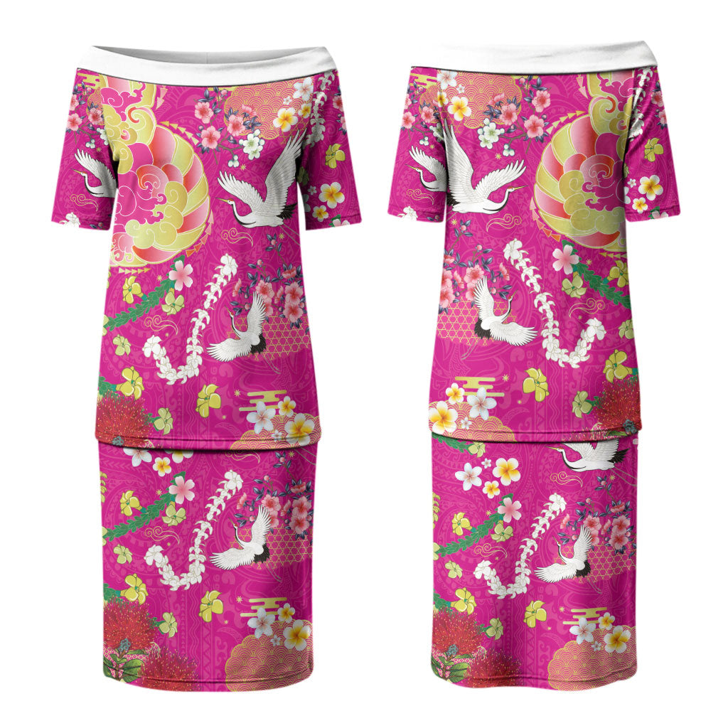 Hawaiian and Japanese Culture Together Family Matching Puletasi and Hawaiian Shirt Kakau Tribal Pattern and Irezumi Art Pink Color LT03 Mom's Dress Pink - Polynesian Pride