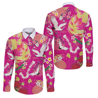 Hawaiian and Japanese Culture Together Family Matching Puletasi and Hawaiian Shirt Kakau Tribal Pattern and Irezumi Art Pink Color LT03 Dad's Shirt - Long Sleeve Pink - Polynesian Pride