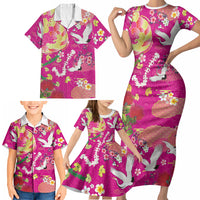 Hawaiian and Japanese Culture Together Family Matching Short Sleeve Bodycon Dress and Hawaiian Shirt Kakau Tribal Pattern and Irezumi Art Pink Color