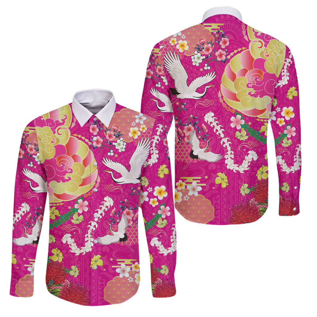 Hawaiian and Japanese Culture Together Family Matching Tank Maxi Dress and Hawaiian Shirt Kakau Tribal Pattern and Irezumi Art Pink Color