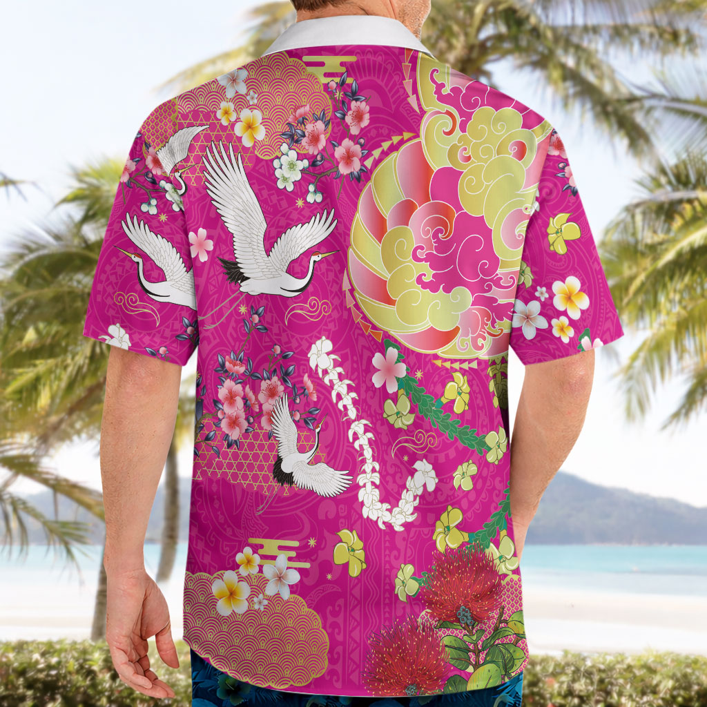 Hawaiian and Japanese Culture Together Hawaiian Shirt Kakau Tribal Pattern and Irezumi Art Pink Color