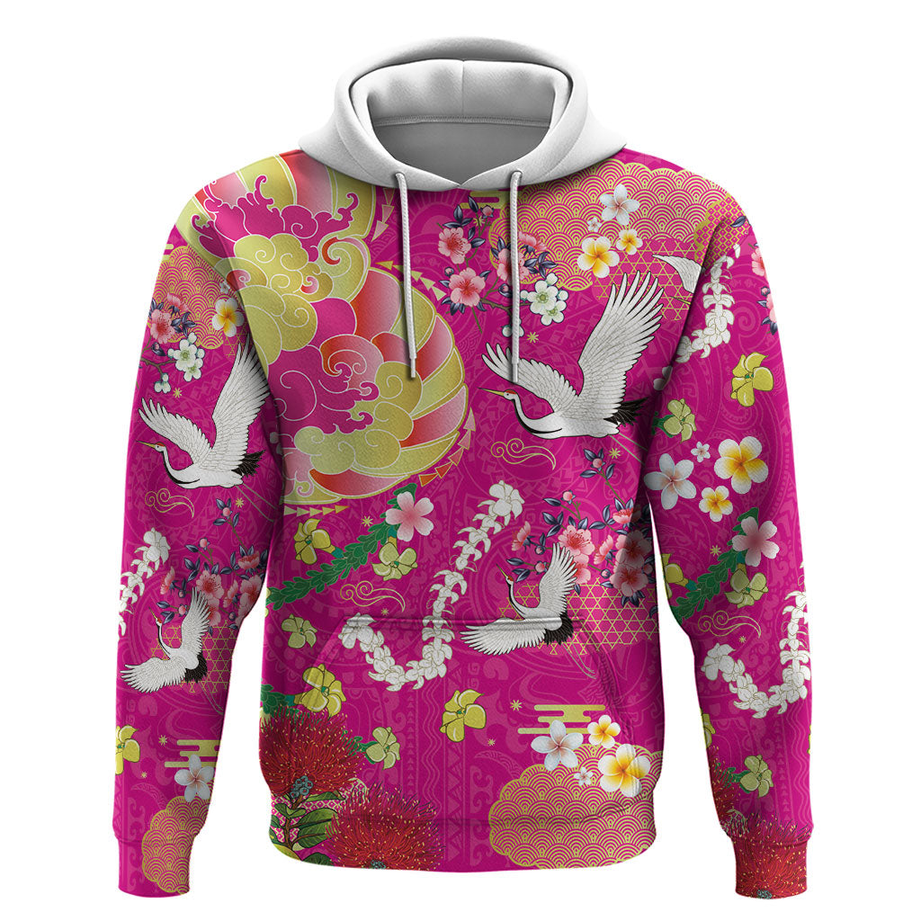 Hawaiian and Japanese Culture Together Hoodie Kakau Tribal Pattern and Irezumi Art Pink Color