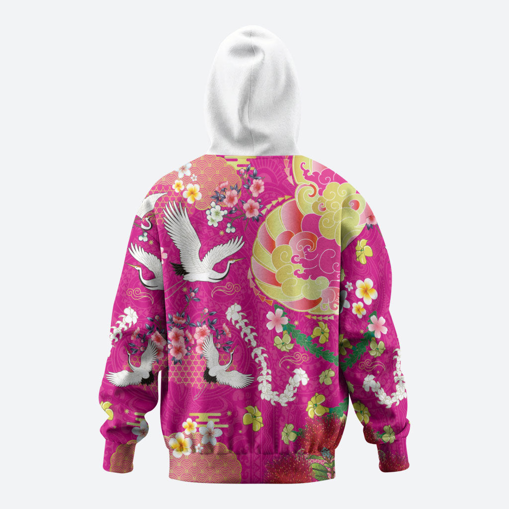 Hawaiian and Japanese Culture Together Hoodie Kakau Tribal Pattern and Irezumi Art Pink Color