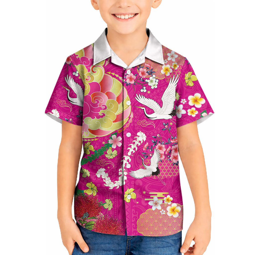 Hawaiian and Japanese Culture Together Kid Hawaiian Shirt Kakau Tribal Pattern and Irezumi Art Pink Color LT03 Kid Pink - Polynesian Pride