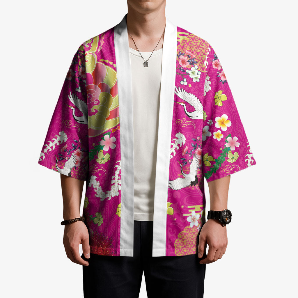 Hawaiian and Japanese Culture Together Kimono Kakau Tribal Pattern and Irezumi Art Pink Color