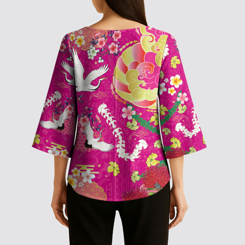 Hawaiian and Japanese Culture Together Kimono Sleeve Blouse Kakau Tribal Pattern and Irezumi Art Pink Color