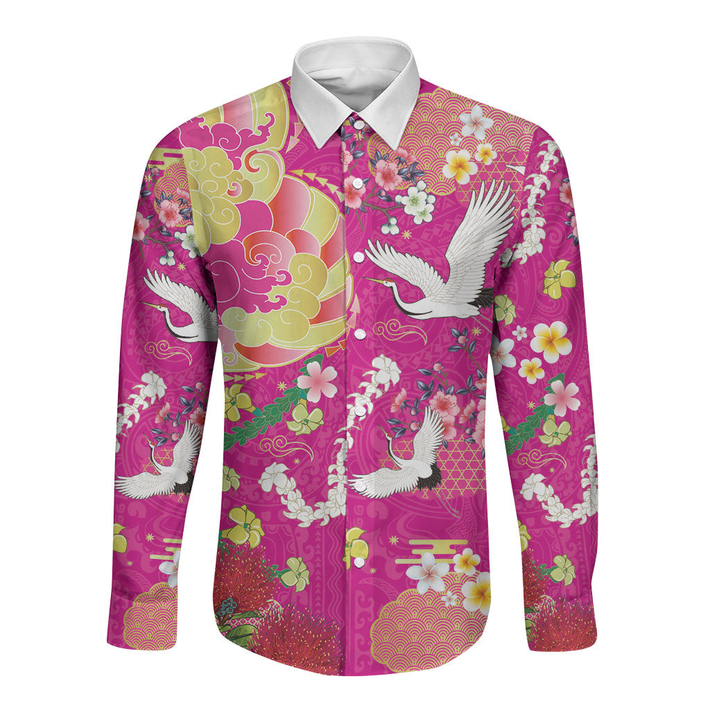 Hawaiian and Japanese Culture Together Long Sleeve Button Shirt Kakau Tribal Pattern and Irezumi Art Pink Color