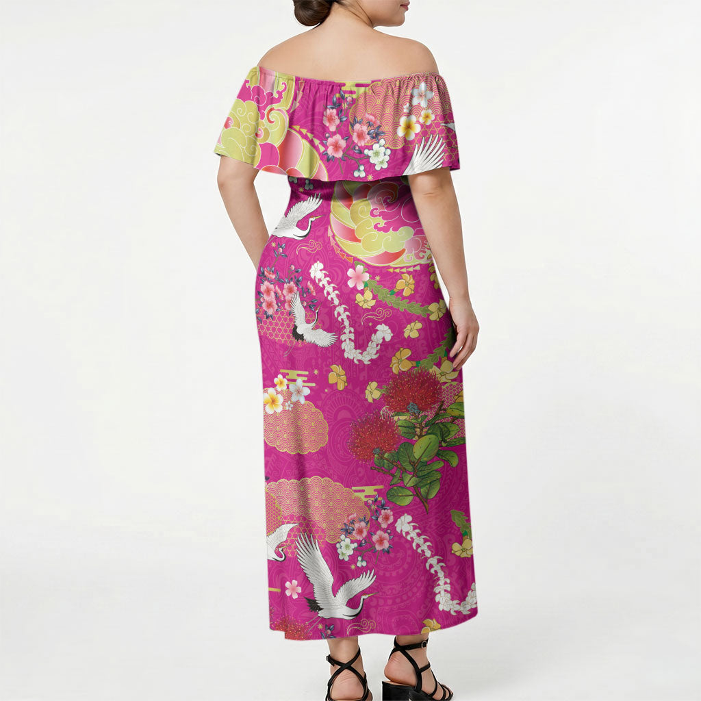 Hawaiian and Japanese Culture Together Off Shoulder Maxi Dress Kakau Tribal Pattern and Irezumi Art Pink Color LT03 - Polynesian Pride