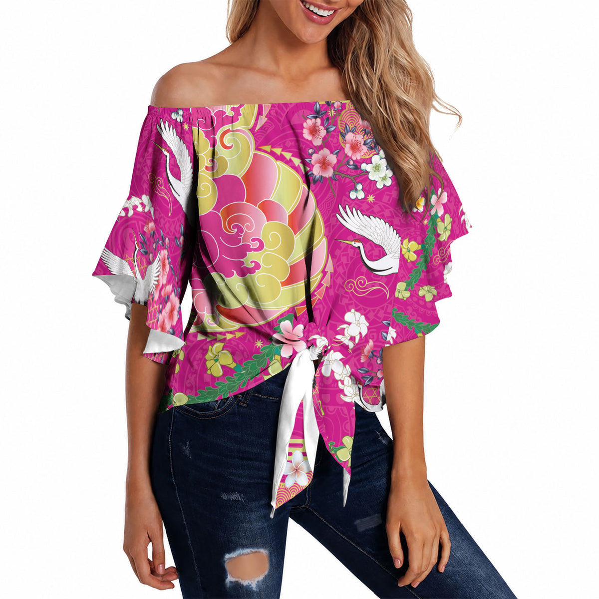 Hawaiian and Japanese Culture Together Off Shoulder Wrap Waist Top Kakau Tribal Pattern and Irezumi Art Pink Color LT03 - Polynesian Pride