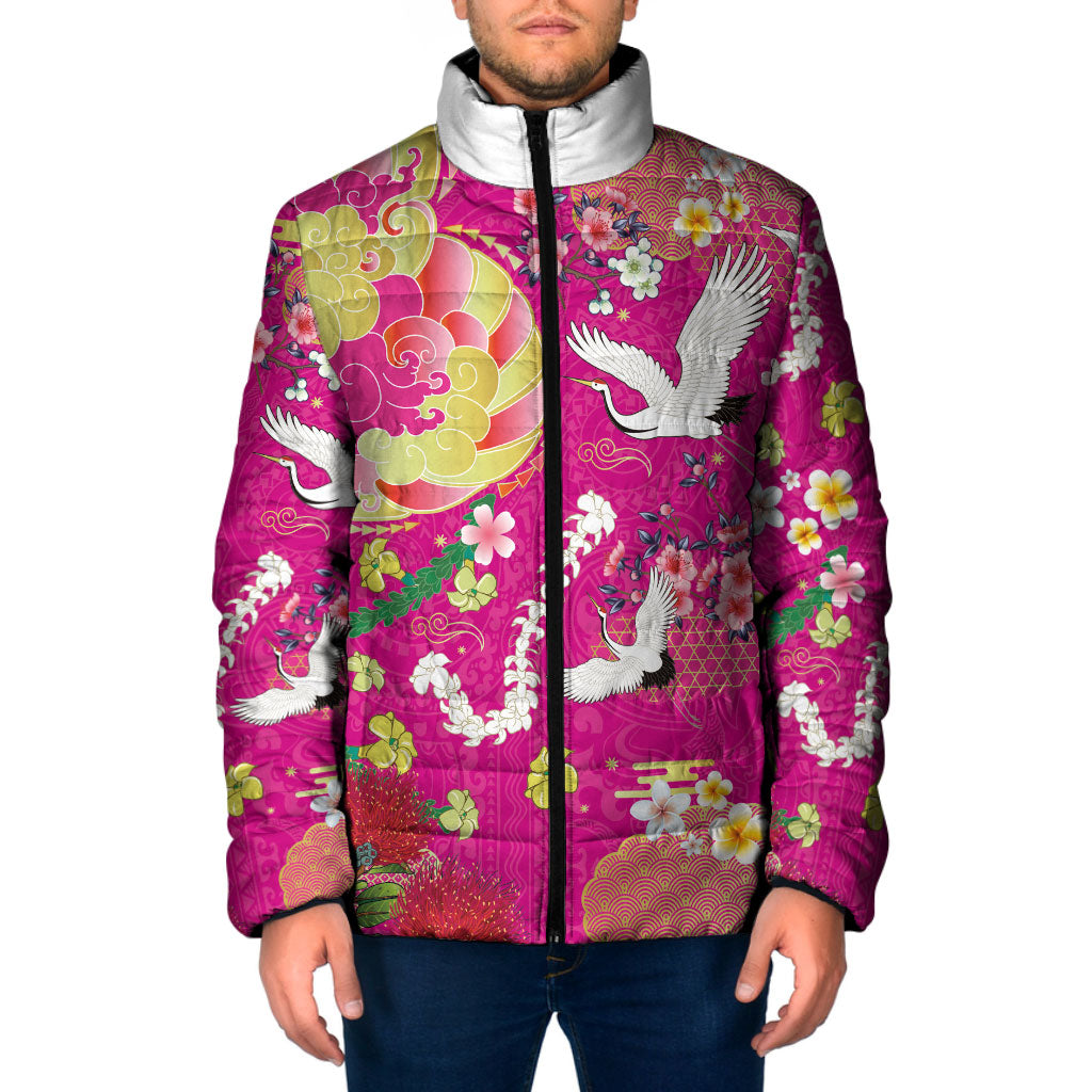 Hawaiian and Japanese Culture Together Padded Jacket Kakau Tribal Pattern and Irezumi Art Pink Color LT03 Men Pink - Polynesian Pride