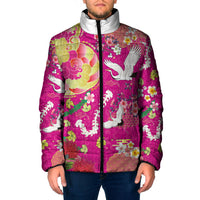 Hawaiian and Japanese Culture Together Padded Jacket Kakau Tribal Pattern and Irezumi Art Pink Color