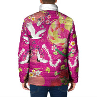 Hawaiian and Japanese Culture Together Padded Jacket Kakau Tribal Pattern and Irezumi Art Pink Color