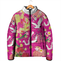 Hawaiian and Japanese Culture Together Padded Jacket Kakau Tribal Pattern and Irezumi Art Pink Color
