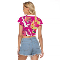 Hawaiian and Japanese Culture Together Raglan Cropped T Shirt Kakau Tribal Pattern and Irezumi Art Pink Color