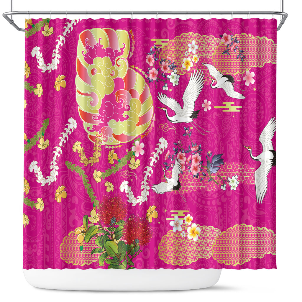 Hawaiian and Japanese Culture Together Shower Curtain Kakau Tribal Pattern and Irezumi Art Pink Color LT03 Pink - Polynesian Pride