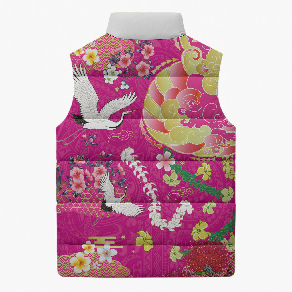 Hawaiian and Japanese Culture Together Sleeveless Puffer Jacket Kakau Tribal Pattern and Irezumi Art Pink Color