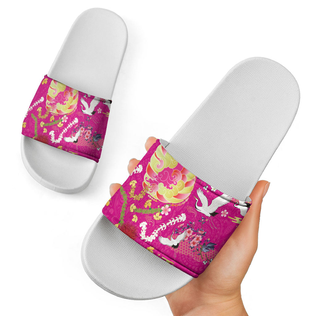 Hawaiian and Japanese Culture Together Slide Sandals Kakau Tribal Pattern and Irezumi Art Pink Color LT03 - Polynesian Pride
