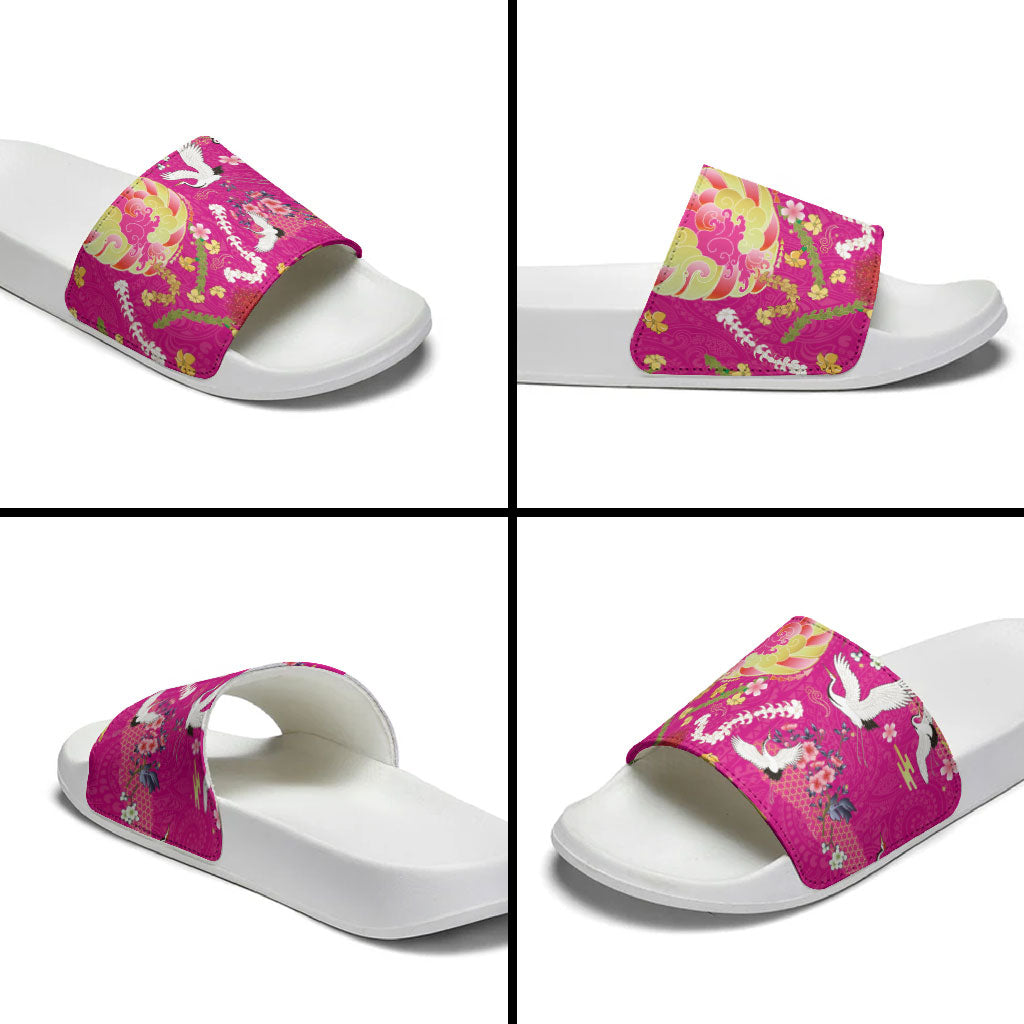 Hawaiian and Japanese Culture Together Slide Sandals Kakau Tribal Pattern and Irezumi Art Pink Color LT03 - Polynesian Pride