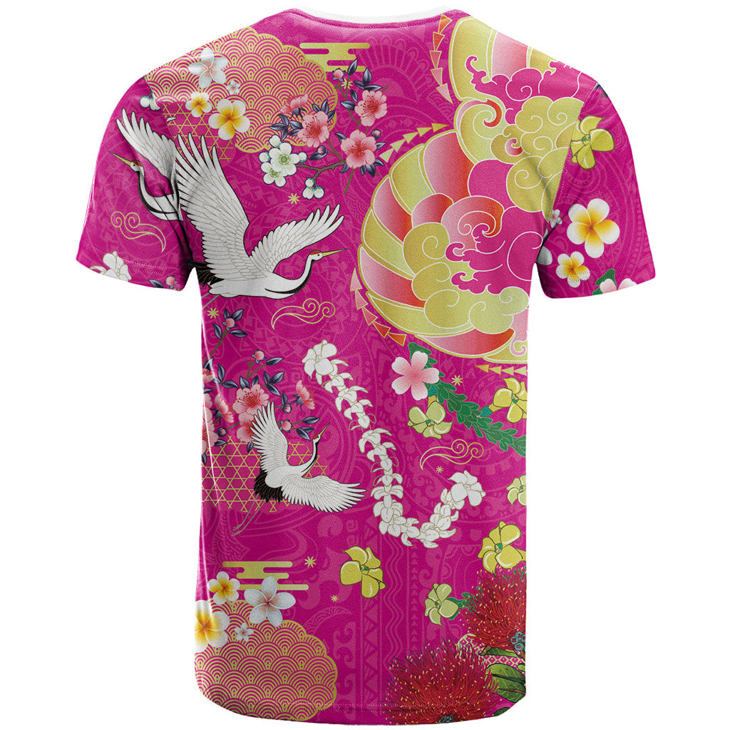 Hawaiian and Japanese Culture Together T Shirt Kakau Tribal Pattern and Irezumi Art Pink Color