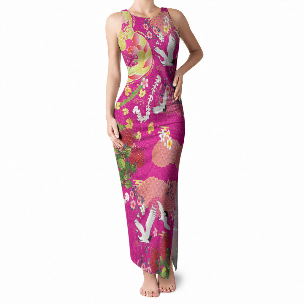 Hawaiian and Japanese Culture Together Tank Maxi Dress Kakau Tribal Pattern and Irezumi Art Pink Color