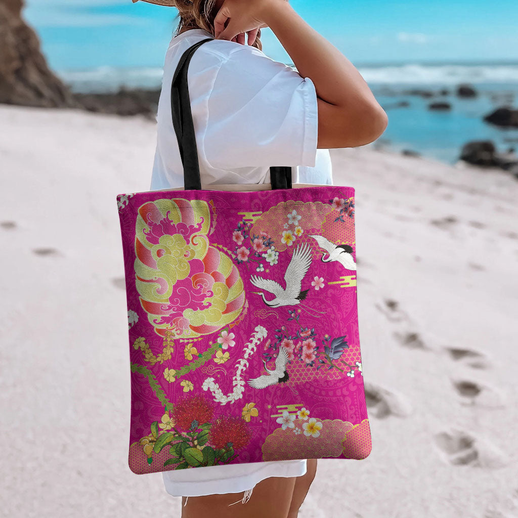 Hawaiian and Japanese Culture Together Tote Bag Kakau Tribal Pattern and Irezumi Art Pink Color