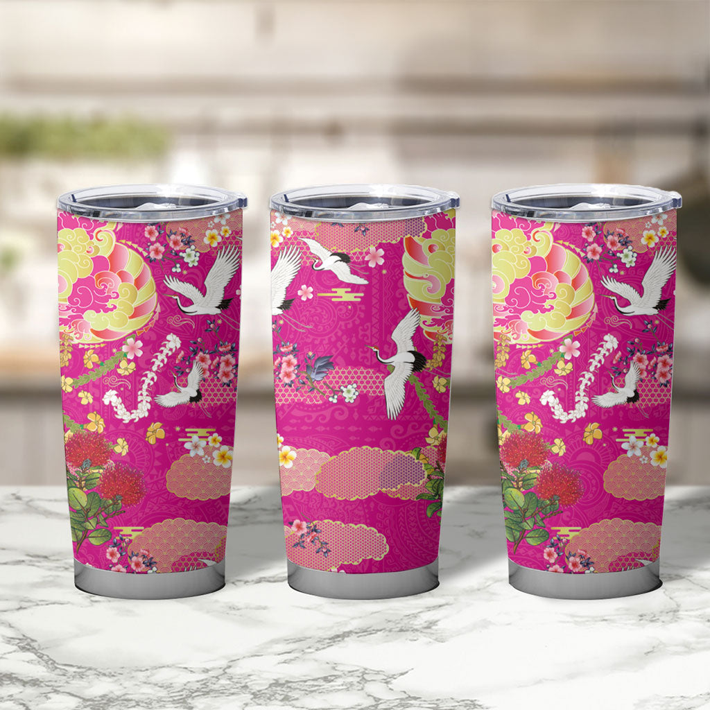 Hawaiian and Japanese Culture Together Tumbler Cup Kakau Tribal Pattern and Irezumi Art Pink Color LT03 - Polynesian Pride