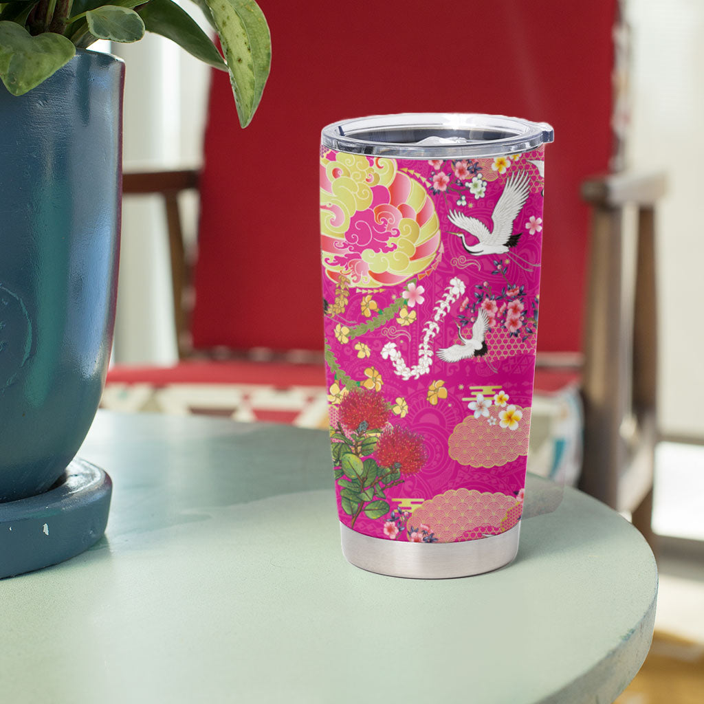 Hawaiian and Japanese Culture Together Tumbler Cup Kakau Tribal Pattern and Irezumi Art Pink Color LT03 - Polynesian Pride