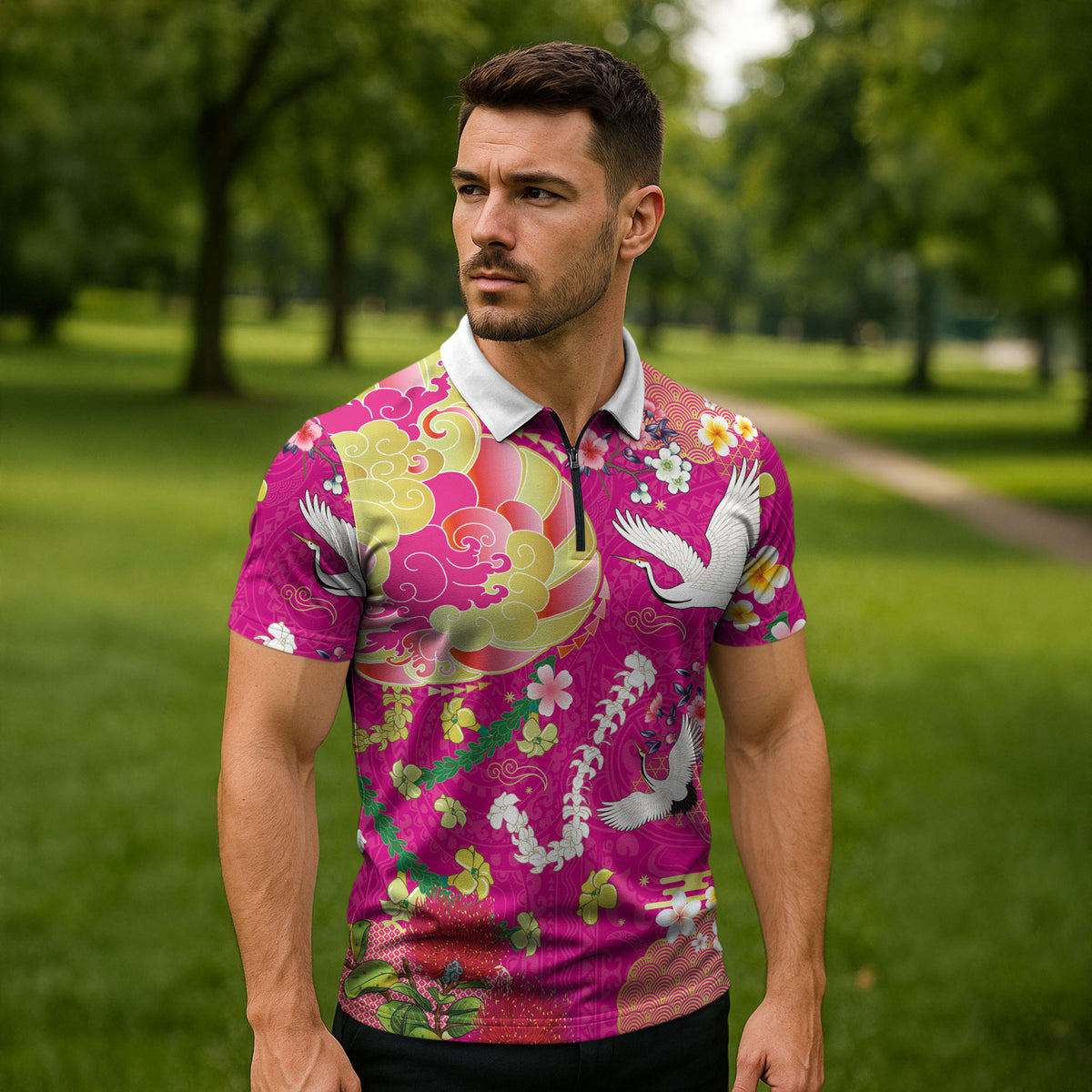Hawaiian and Japanese Culture Together Zipper Polo Shirt Kakau Tribal Pattern and Irezumi Art Pink Color