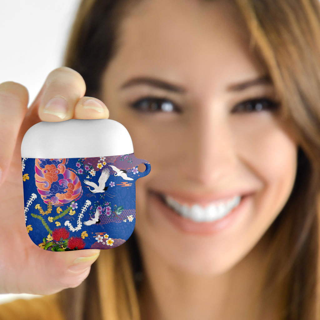 Hawaiian and Japanese Culture Together AirPods Case Kakau Tribal Pattern and Irezumi Art Blue Color LT03 - Polynesian Pride