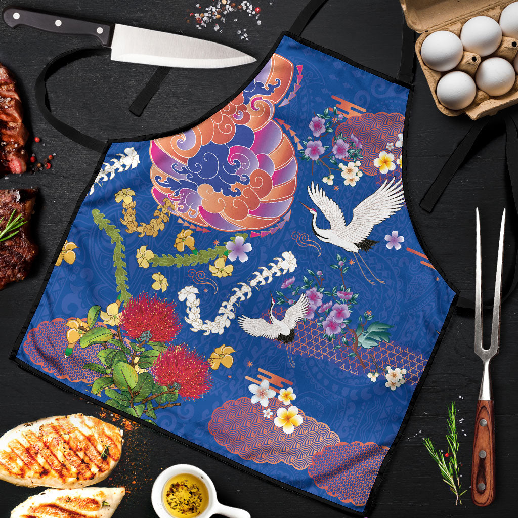 Hawaiian and Japanese Culture Together Apron Kakau Tribal Pattern and Irezumi Art Blue Color LT03 Blue - Polynesian Pride