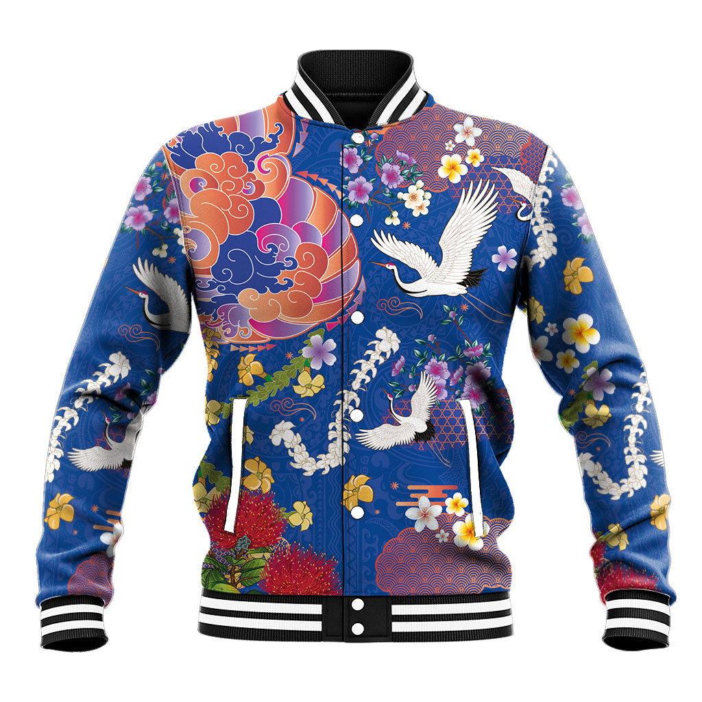 Hawaiian and Japanese Culture Together Baseball Jacket Kakau Tribal Pattern and Irezumi Art Blue Color LT03 Unisex Blue - Polynesian Pride