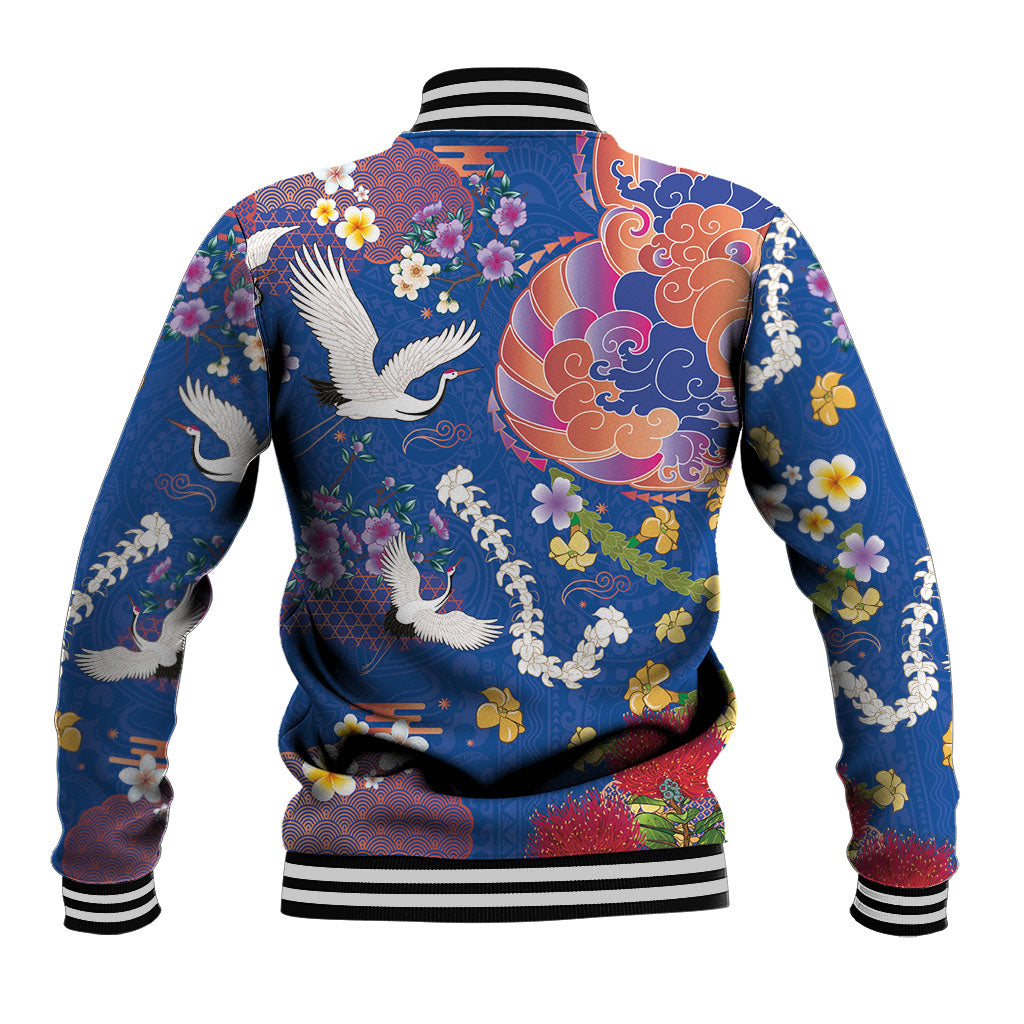 Hawaiian and Japanese Culture Together Baseball Jacket Kakau Tribal Pattern and Irezumi Art Blue Color