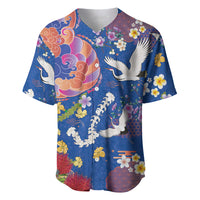 Hawaiian and Japanese Culture Together Baseball Jersey Kakau Tribal Pattern and Irezumi Art Blue Color