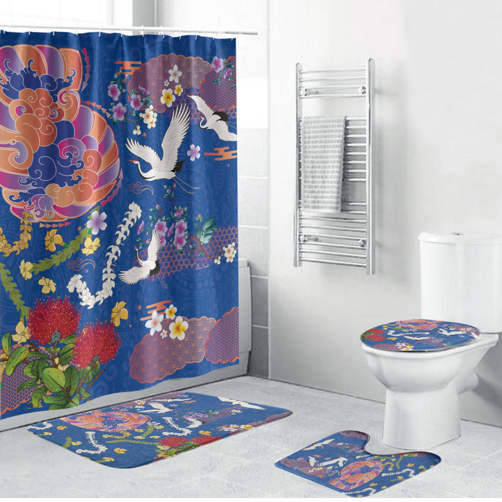 Hawaiian and Japanese Culture Together Bathroom Set Kakau Tribal Pattern and Irezumi Art Blue Color LT03 Bathroom Set (4 pcs) Blue - Polynesian Pride