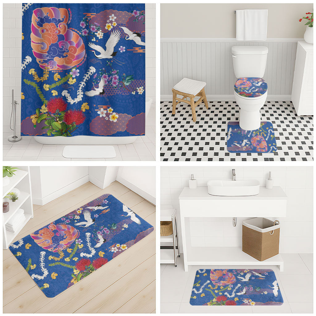 Hawaiian and Japanese Culture Together Bathroom Set Kakau Tribal Pattern and Irezumi Art Blue Color LT03 - Polynesian Pride