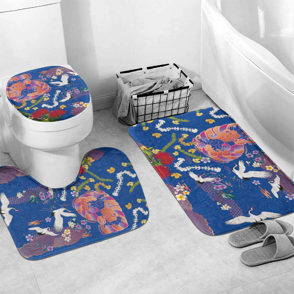 Hawaiian and Japanese Culture Together Bathroom Set Kakau Tribal Pattern and Irezumi Art Blue Color LT03 Mat Set Only (3 pcs) One Size Blue - Polynesian Pride