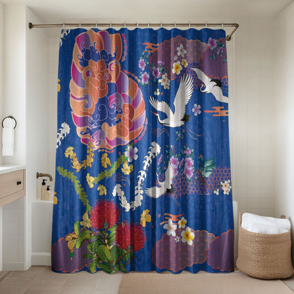 Hawaiian and Japanese Culture Together Bathroom Set Kakau Tribal Pattern and Irezumi Art Blue Color LT03 Shower Curtain Only Blue - Polynesian Pride
