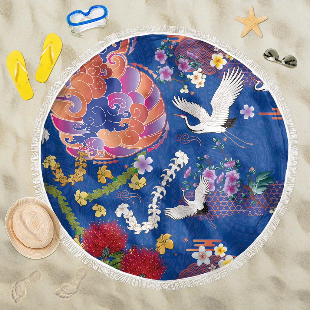 Hawaiian and Japanese Culture Together Beach Blanket Kakau Tribal Pattern and Irezumi Art Blue Color LT03 One Size 150cm Blue - Polynesian Pride
